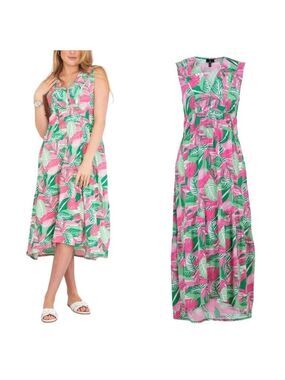 Marble Tropical Palm Leaf Print Stretch Ruched Front Fit & Flare Midi Dress